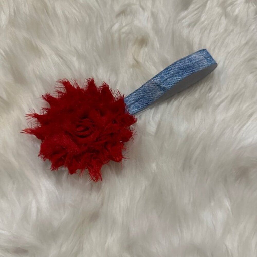 Red 3" Shabby Flower on a denim FOE elastic headband  7610  Handmade NWT Boutiqu